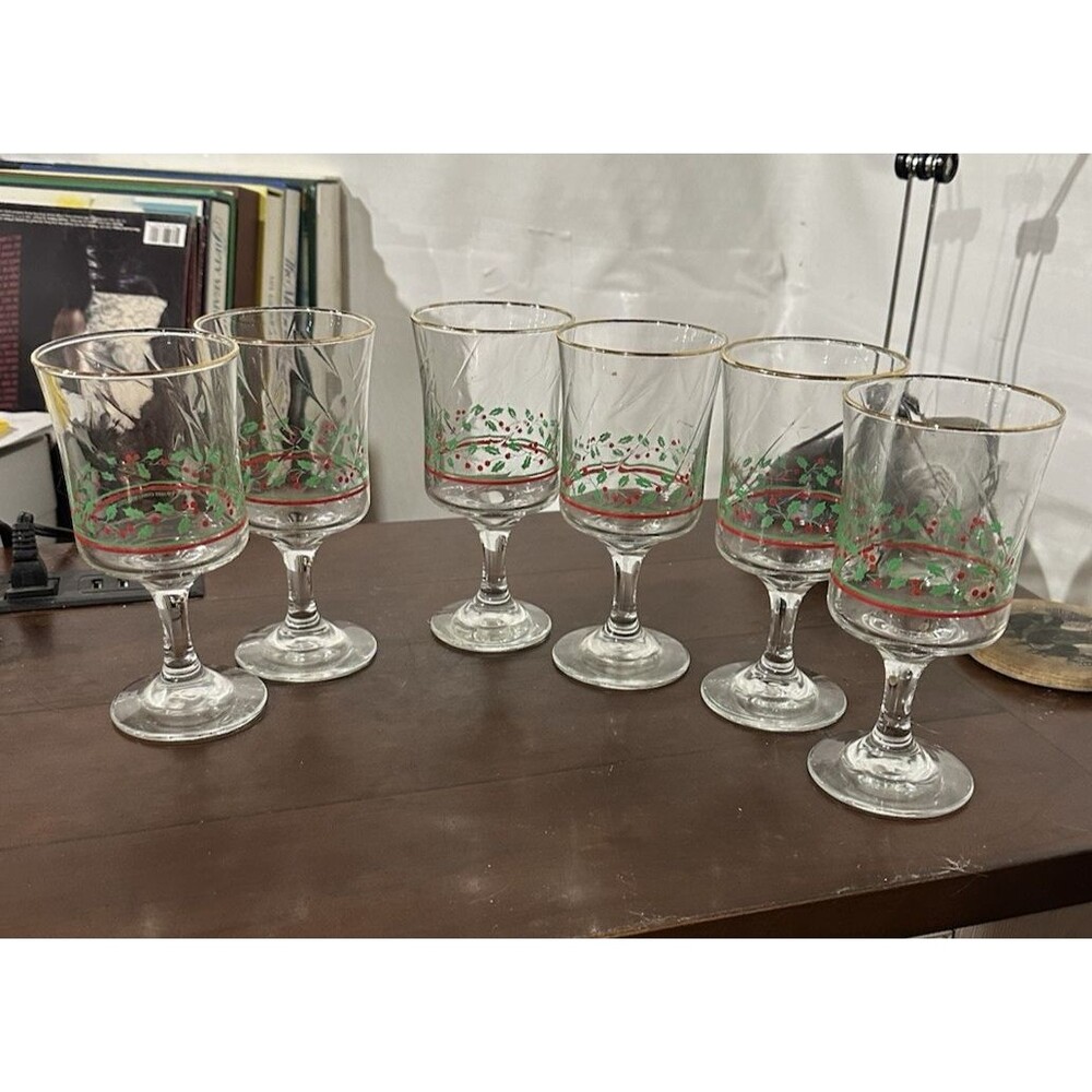 Arby's 1985 Christmas Collection Set of 6 Holly Stem Glasses Gold Trim 6.75 in.
